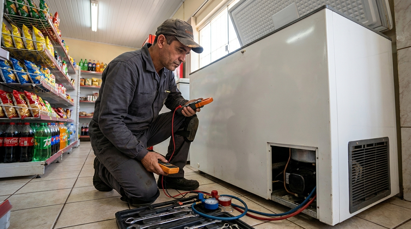Reparo da placa eletrônica de um freezer em atendimento em Suzano‑SP