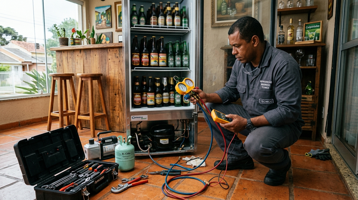 Técnico revisando o motor de uma cervejeira durante chamado em Suzano‑SP