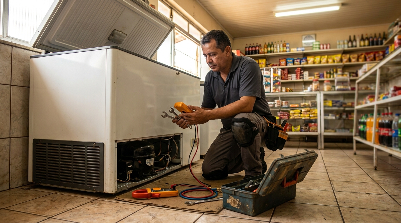 Técnico reparando o motor de um freezer horizontal em Suzano‑SP