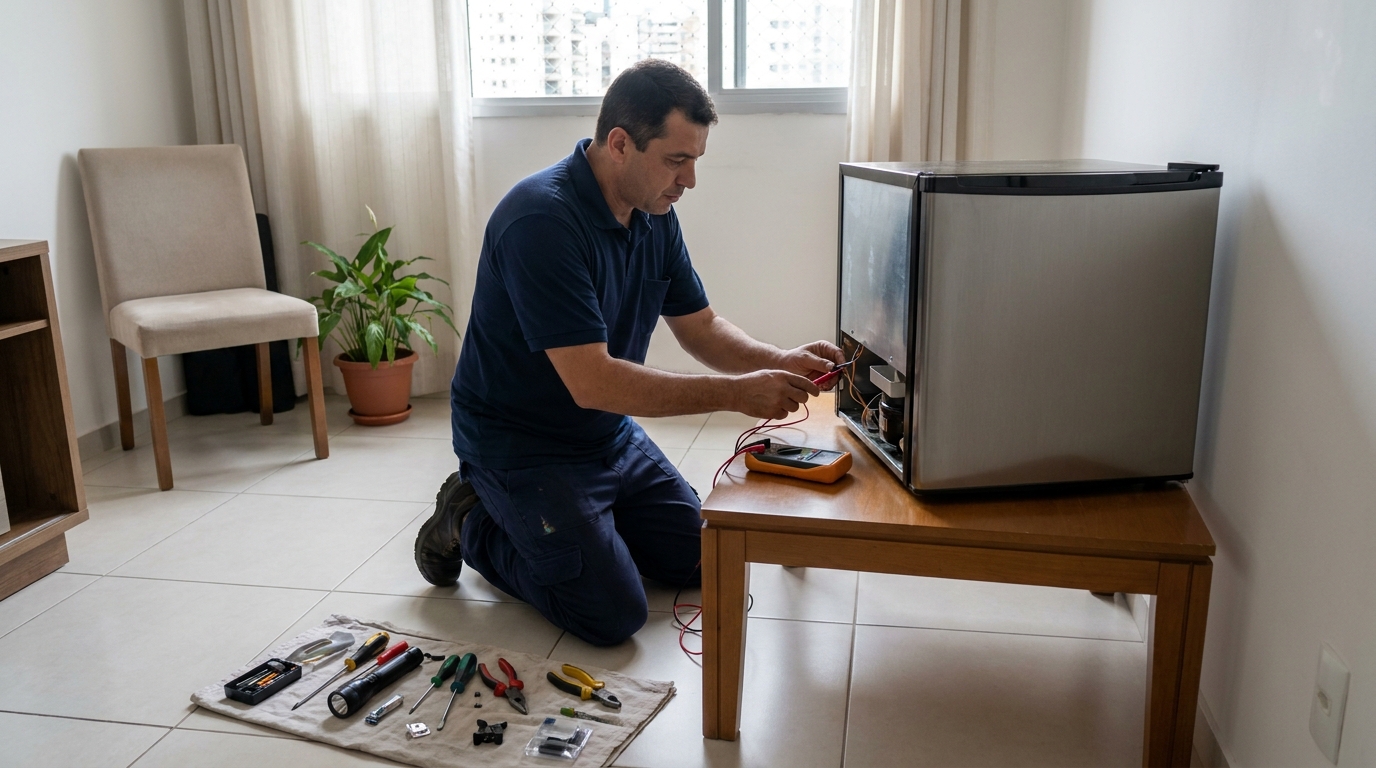 Técnico revisando o motor de um frigobar em Suzano‑SP