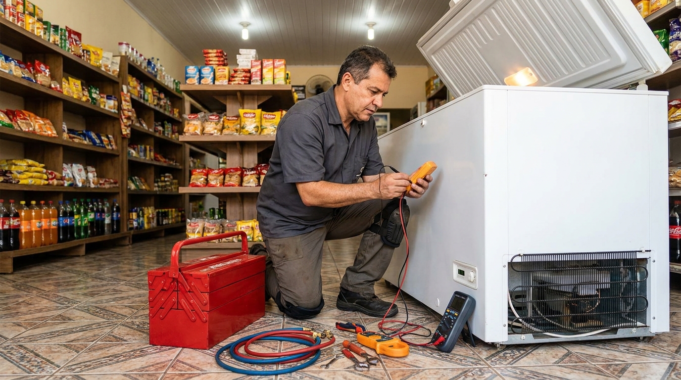 Manômetro conectado ao circuito durante recarga de gás de freezer em Suzano‑SP